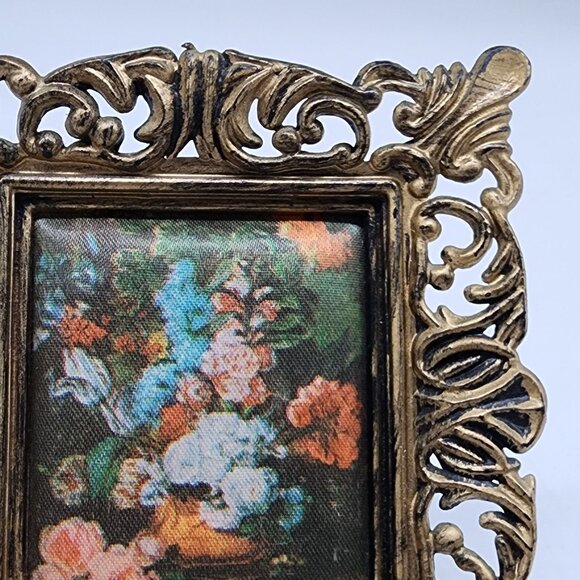 Vintage Ornate Plastic Gold Mini Picture Frame With Floral Satin Fabric 2x2.5 - Picture 3 of 11